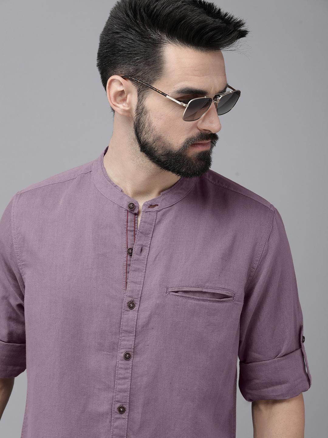 The Roadster Lifestyle Co. Men Mauve Solid Slim Fit Cotton Linen Casual Shirt