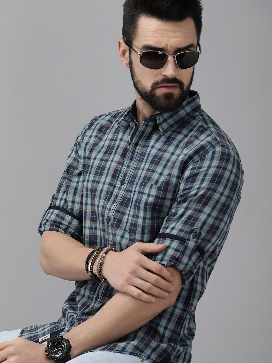 Roadster Men Navy Blue Tartan Checked Pure Cotton Casual Shirt