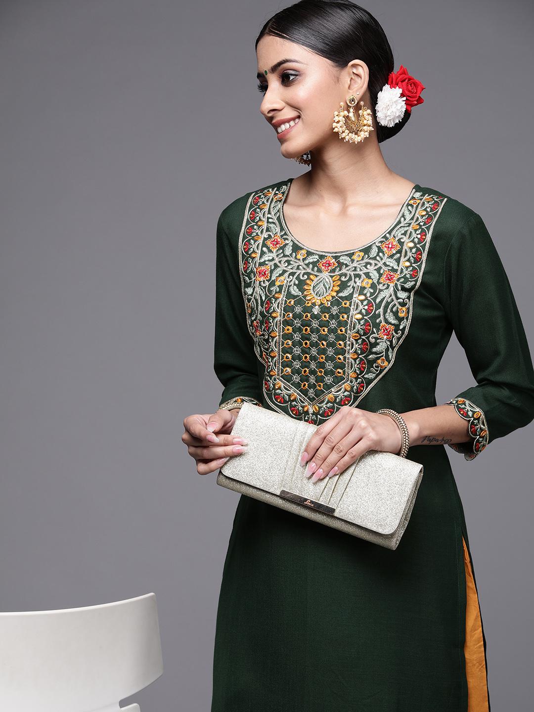 Indo Era Green Ethnic Motifs Cotton Straight Kurtas