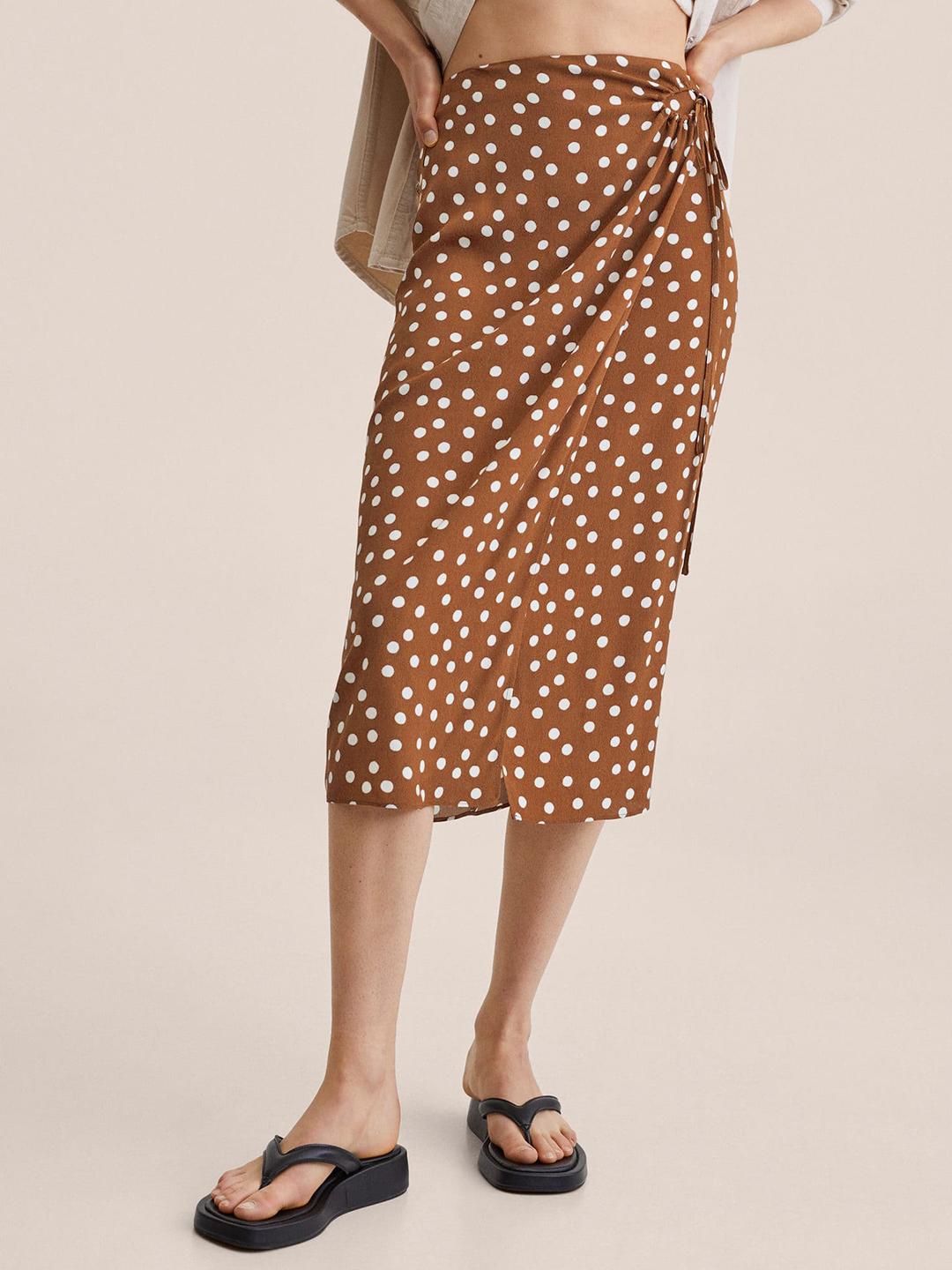 Buy MANGO Women Brown And White Polka Dot Printed Skirt Skirts For buy-mango-women-brown-and-white-polka-dot-printed-skirt-skirts-for
