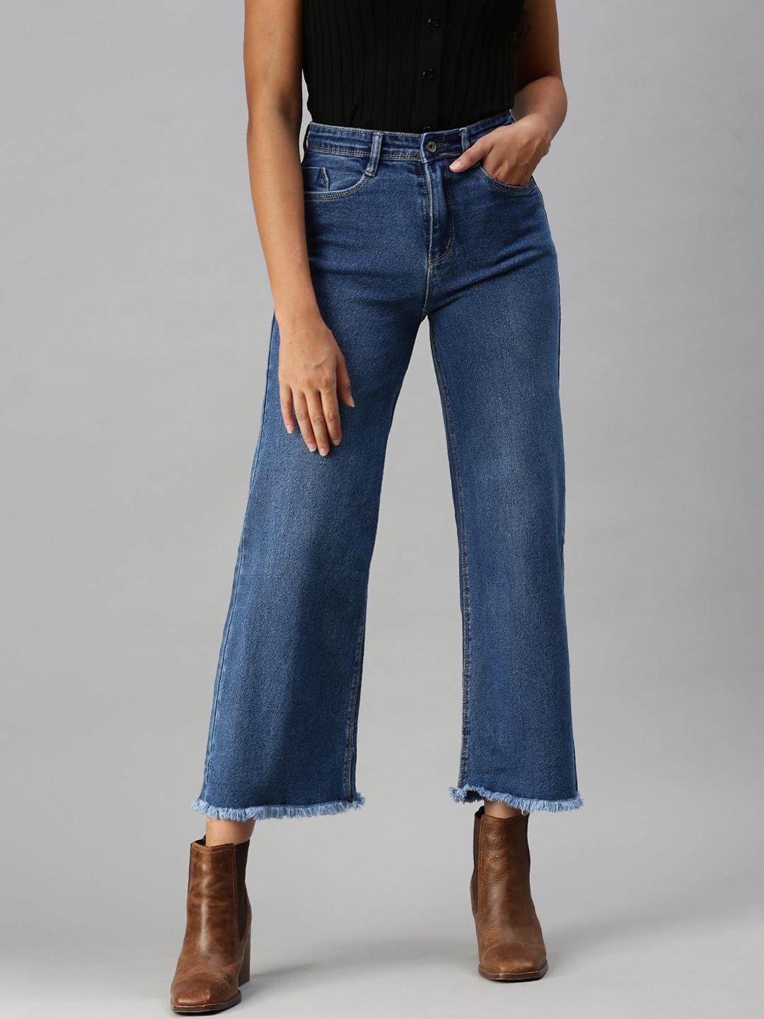 Women's Blue Wide Leg High-Rise Mildly Distressed Light Fade Acid Wash Stretchable Jeans
