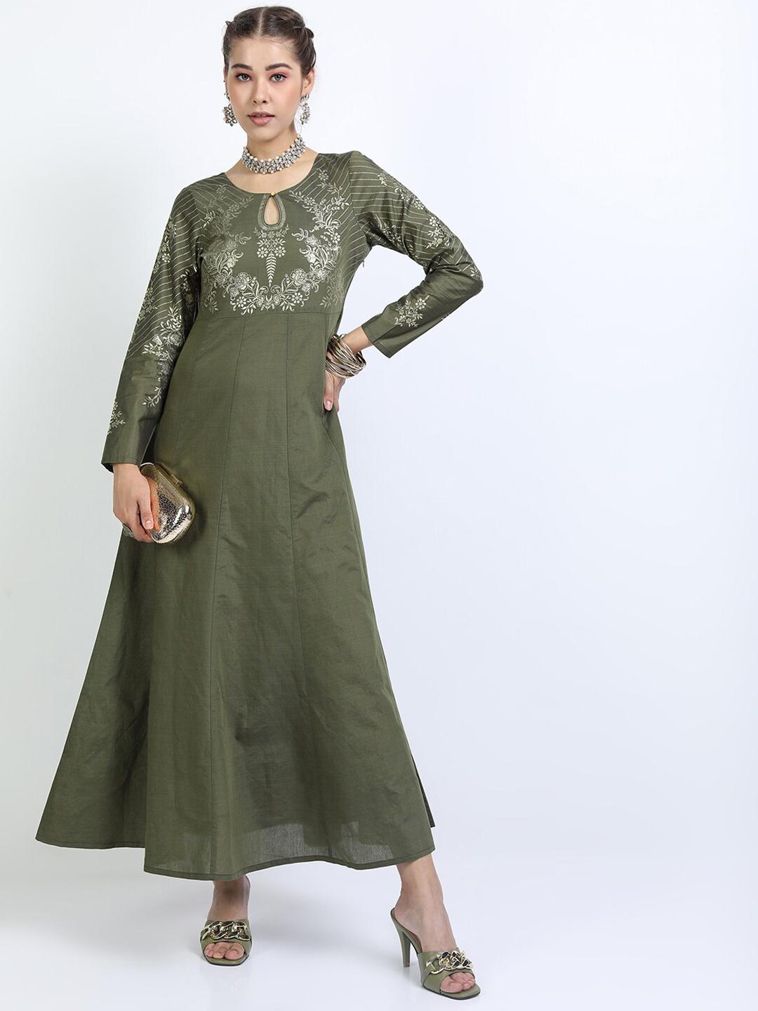 Cream-Coloured & Green Floral Ethnic Maxi Dress with Dupatta