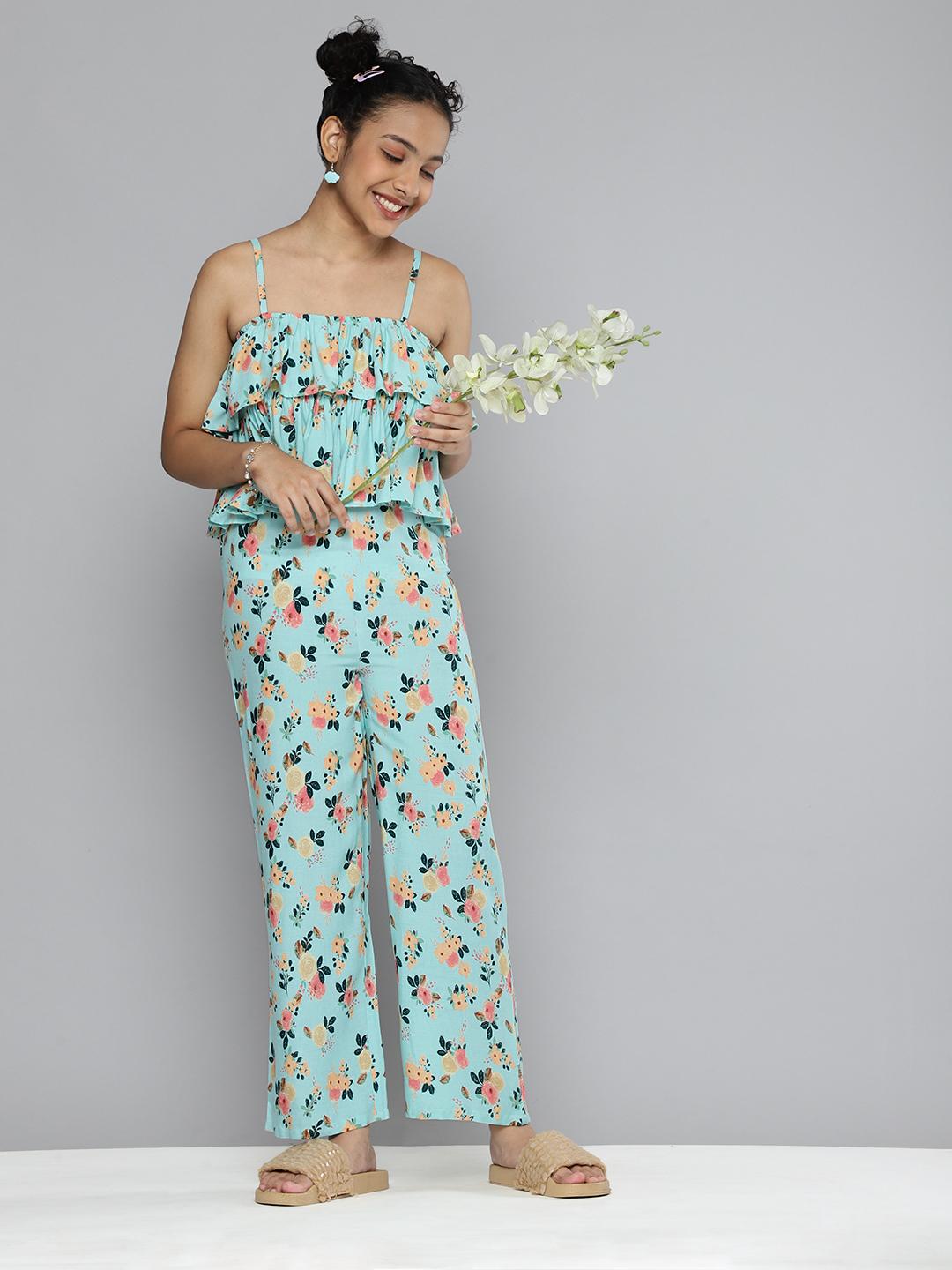 Girls Navy Blue & Green Printed Basic Jumpsuit