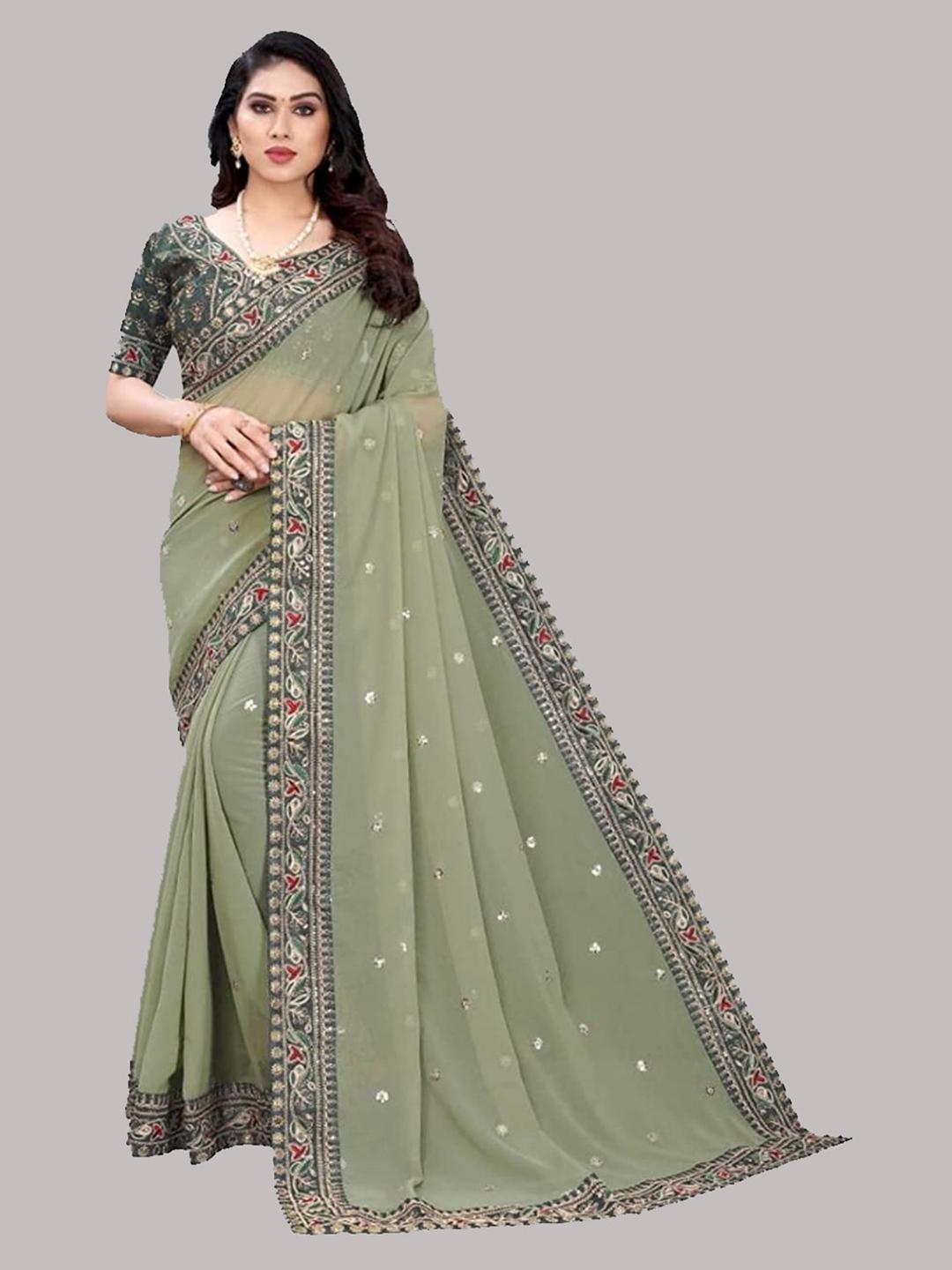 Pastel Green Sequin Embellished Shimmer Georgette Cocktail Saree