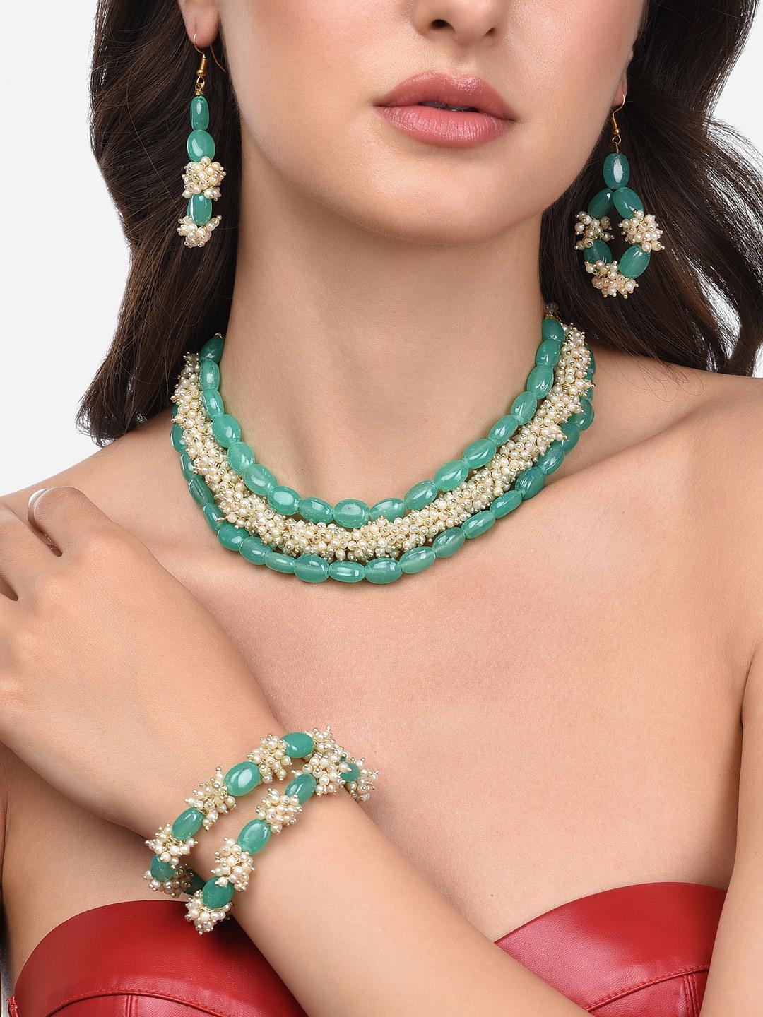 Buy Zaveri Pearls Gold Plated Green & White Pearl Beaded Jewellery Set - - Accessories for Women