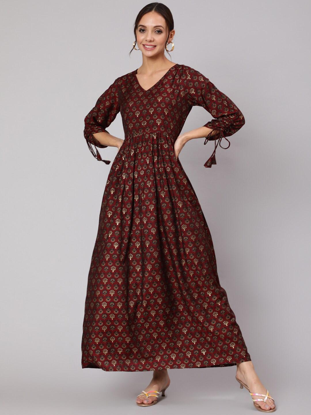 Women Maroon Ethnic Printed Flared Dress