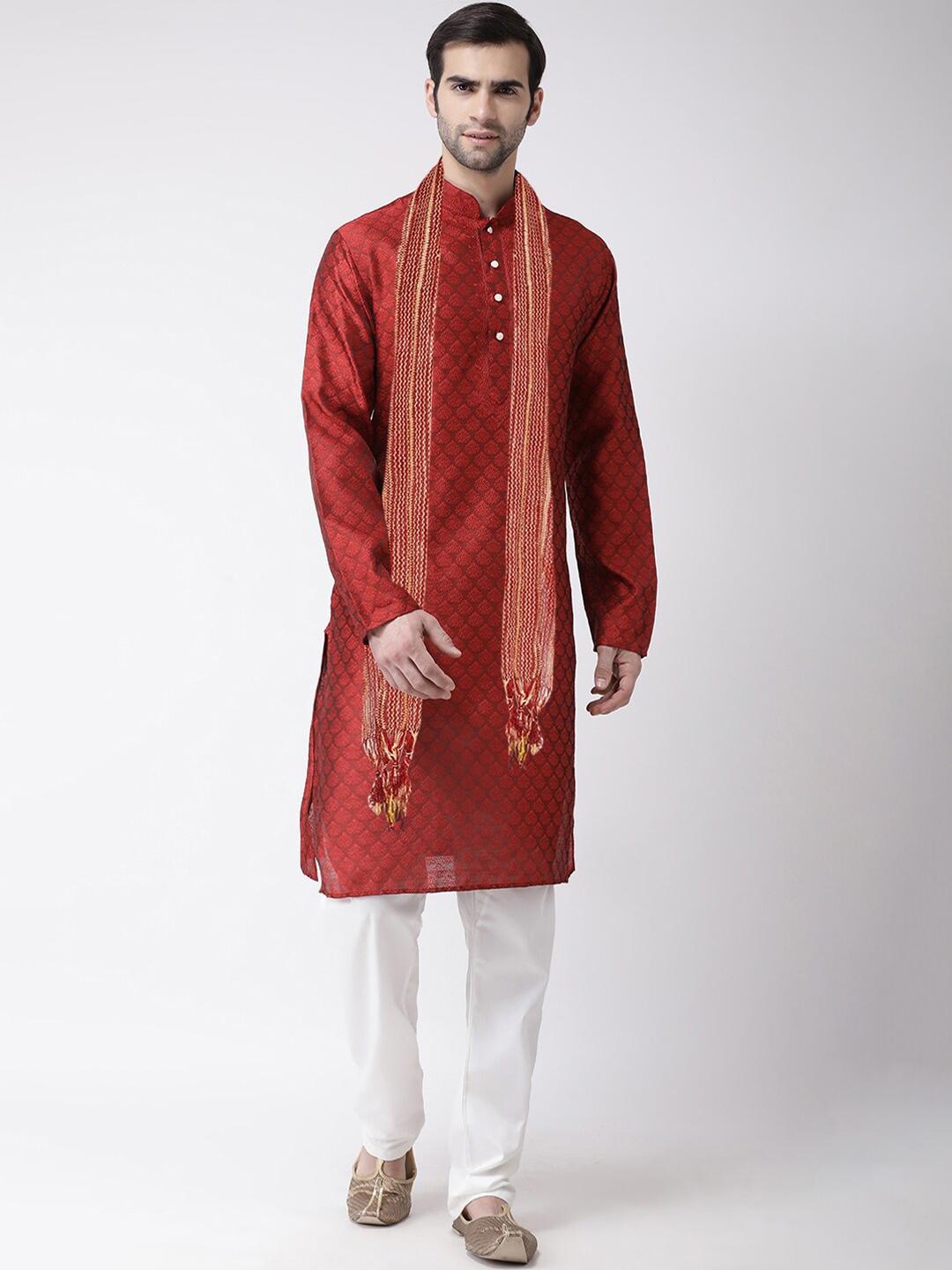 Men Maroon Slub Silk Embroidered Kurta Pyjama main image 1