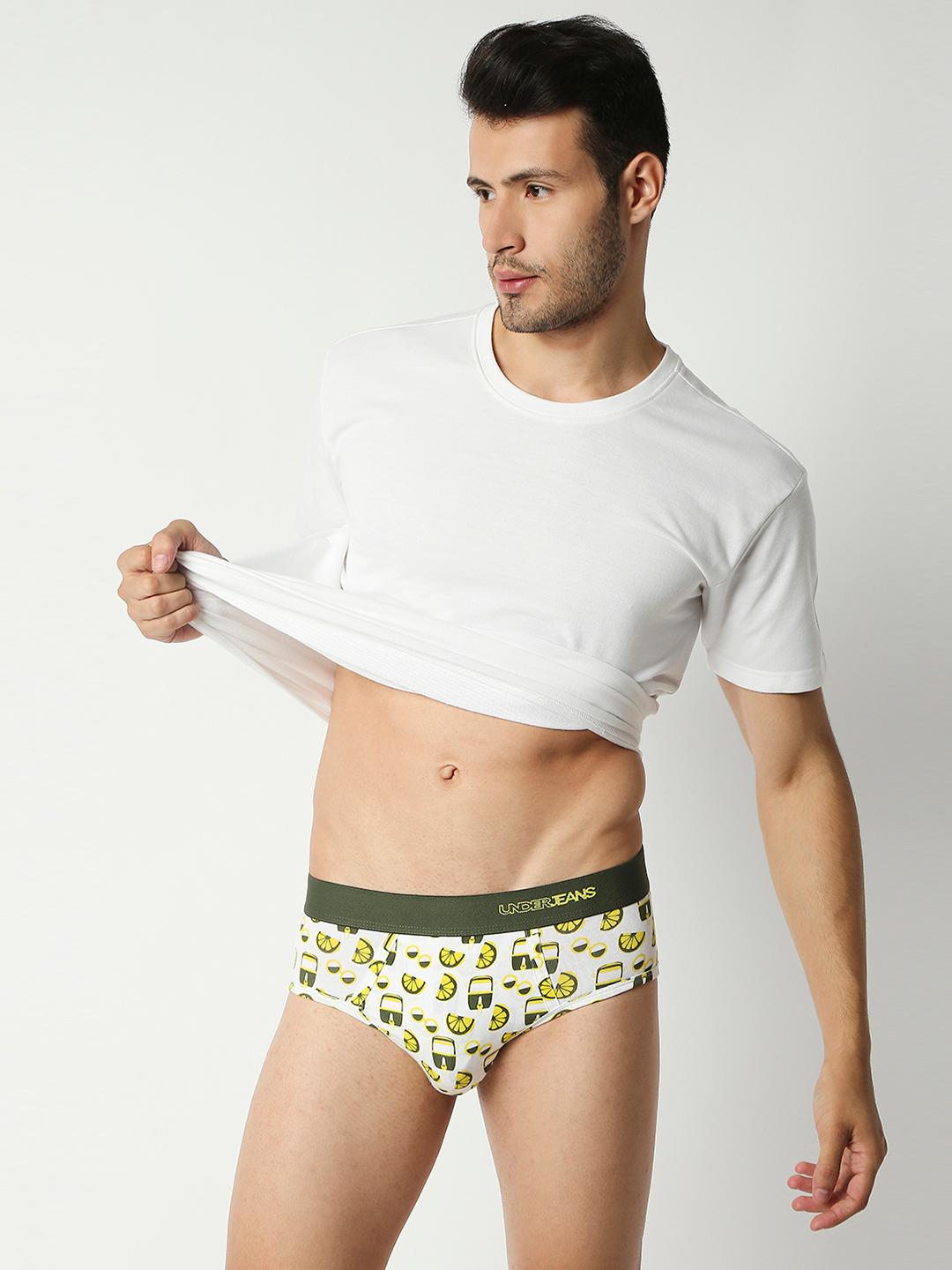 Buy UnderJeans By Spykar Men White & Yellow Printed Cotton Blend Basic Briefs -  - Apparel for Men