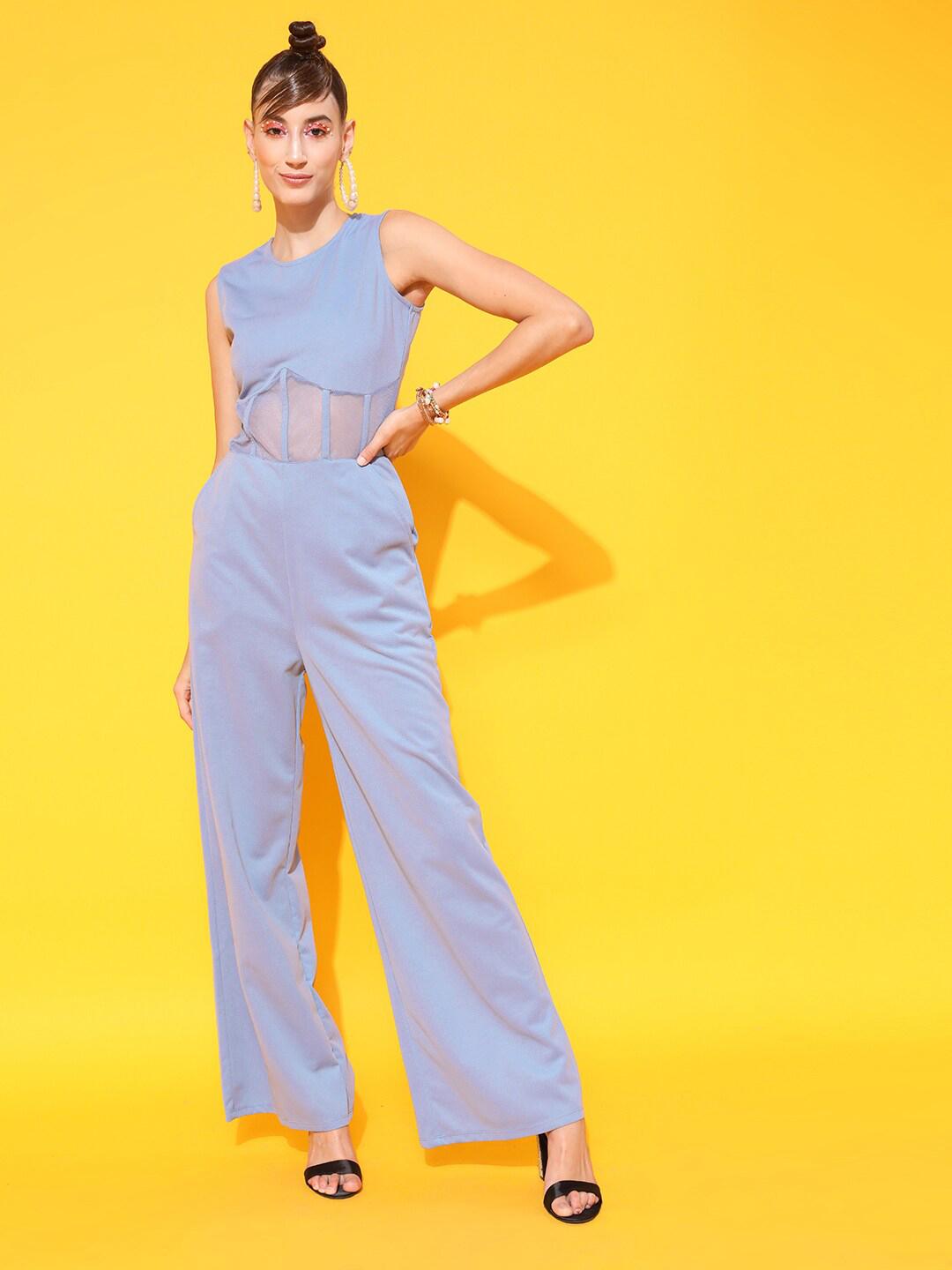 Girls Blue Self Design Basic Jumpsuit