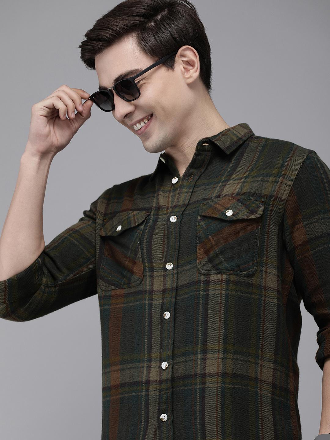 THE BEAR HOUSE Olive Green Tartan Checked Heavy Weight Flannel Pure Cotton Slim Fit Shirt
