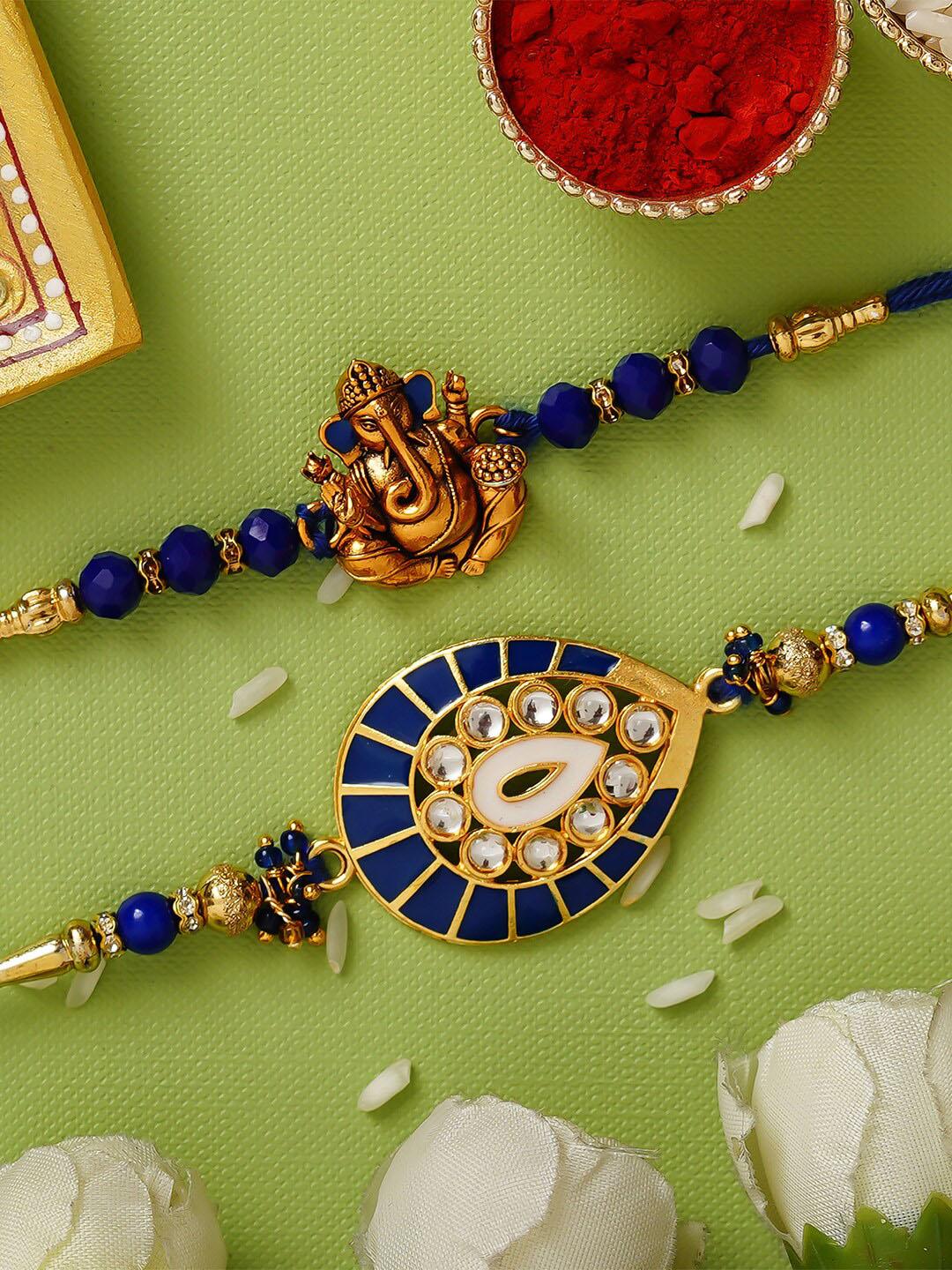 Buy ECraftIndia Blue & Gold Toned Pack Of 2 Designer Rakhis And Roli ...