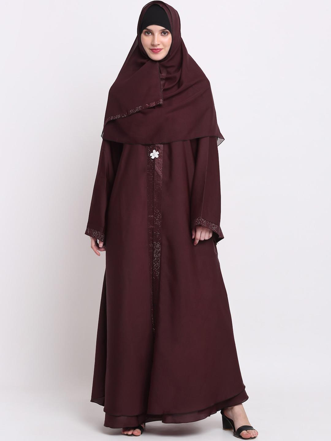 Buy KLOTTHE Women Burgundy & White Embellished Burqas With Scarf - - Apparel for Women