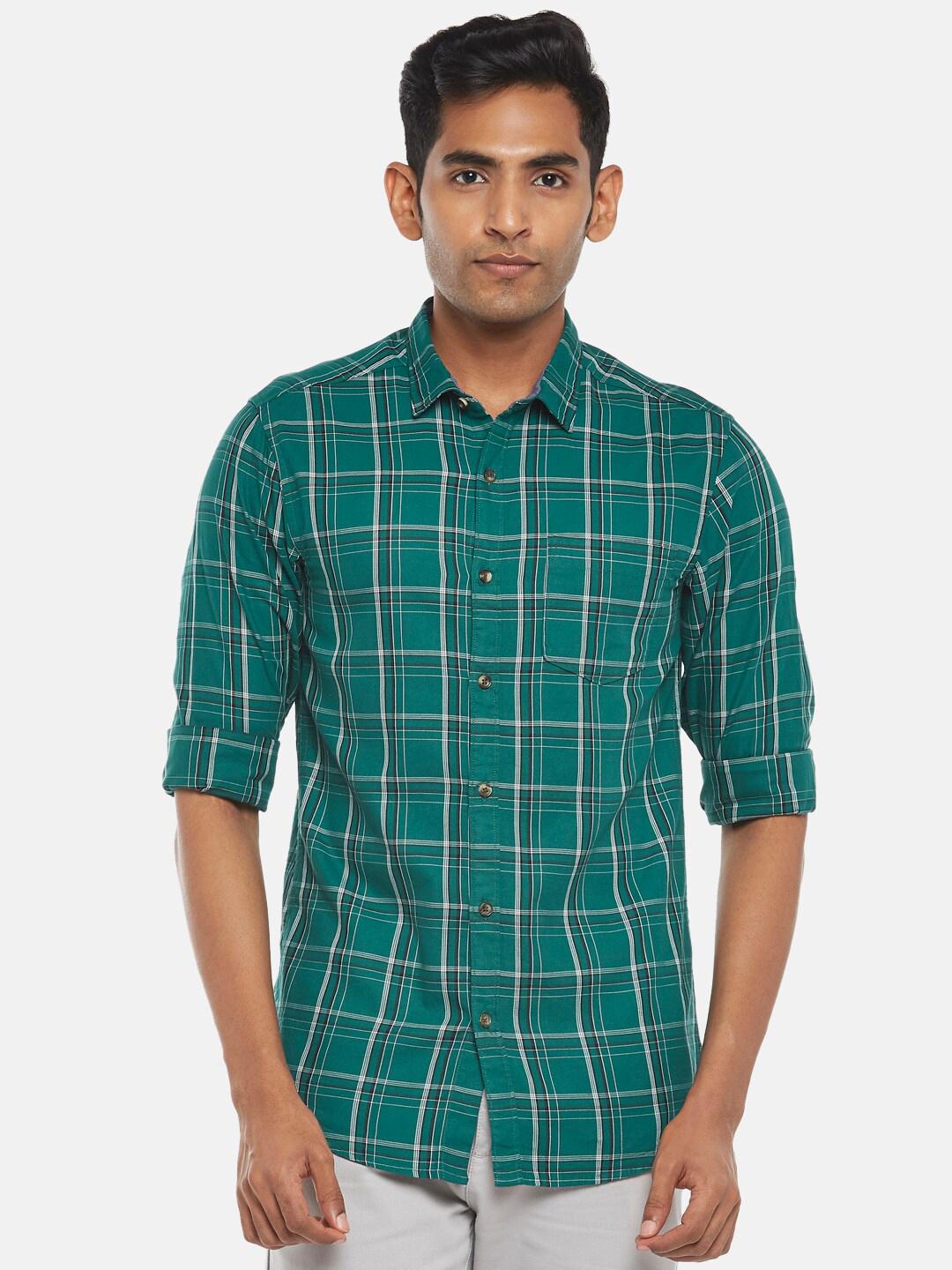 Men's Green Tartan Checked Standard Slim Fit Oxford Cotton Casual Shirt