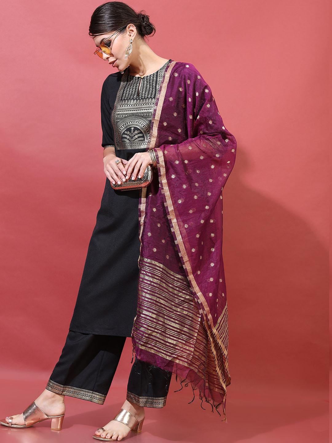 Women Black Ethnic Printed Kurta With Trouser And Dupatta