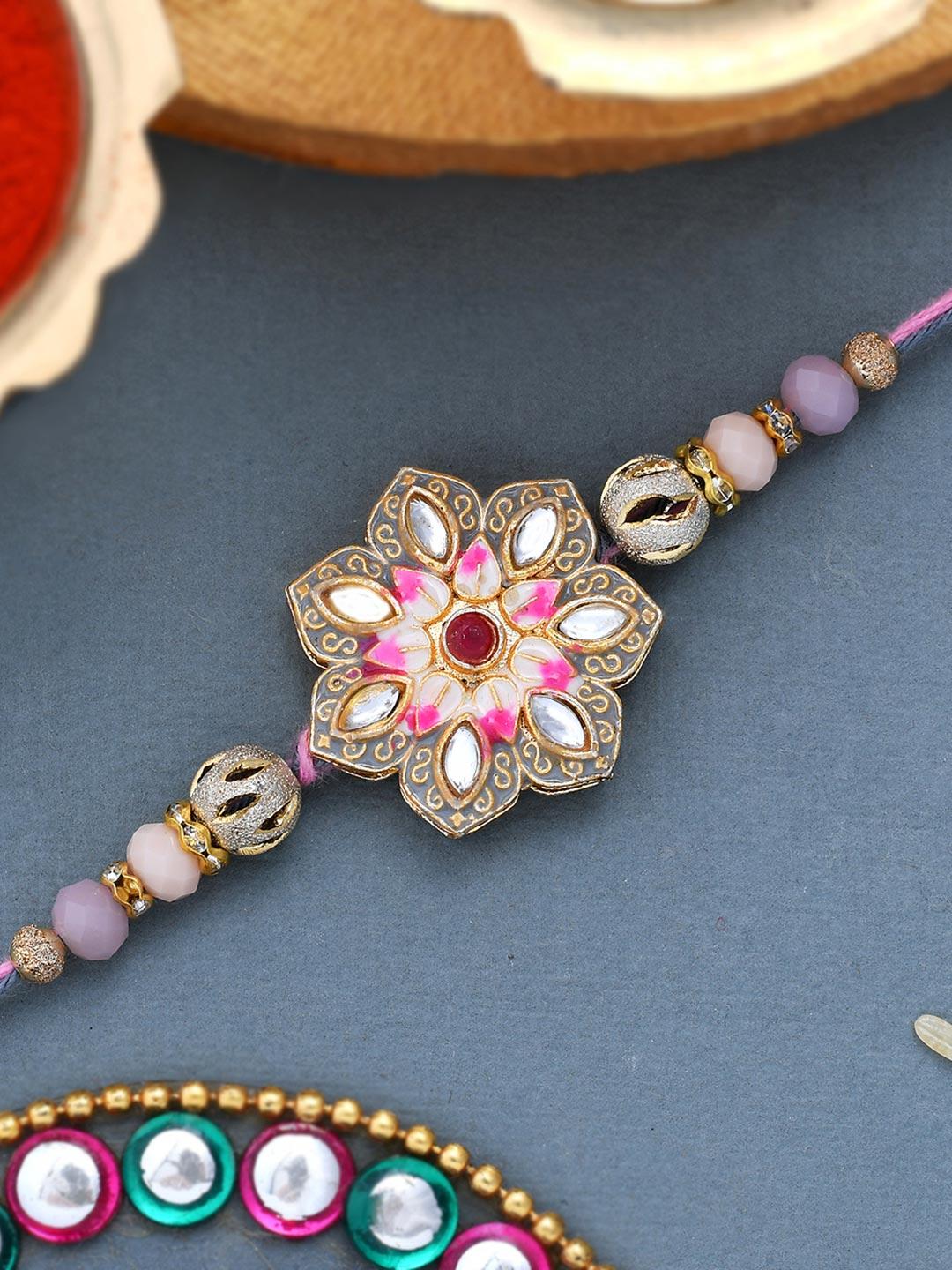 Buy Meenakari Kundan Embellished Pink Floral Enameled Rakhi | Voylla -  - Accessories for Men