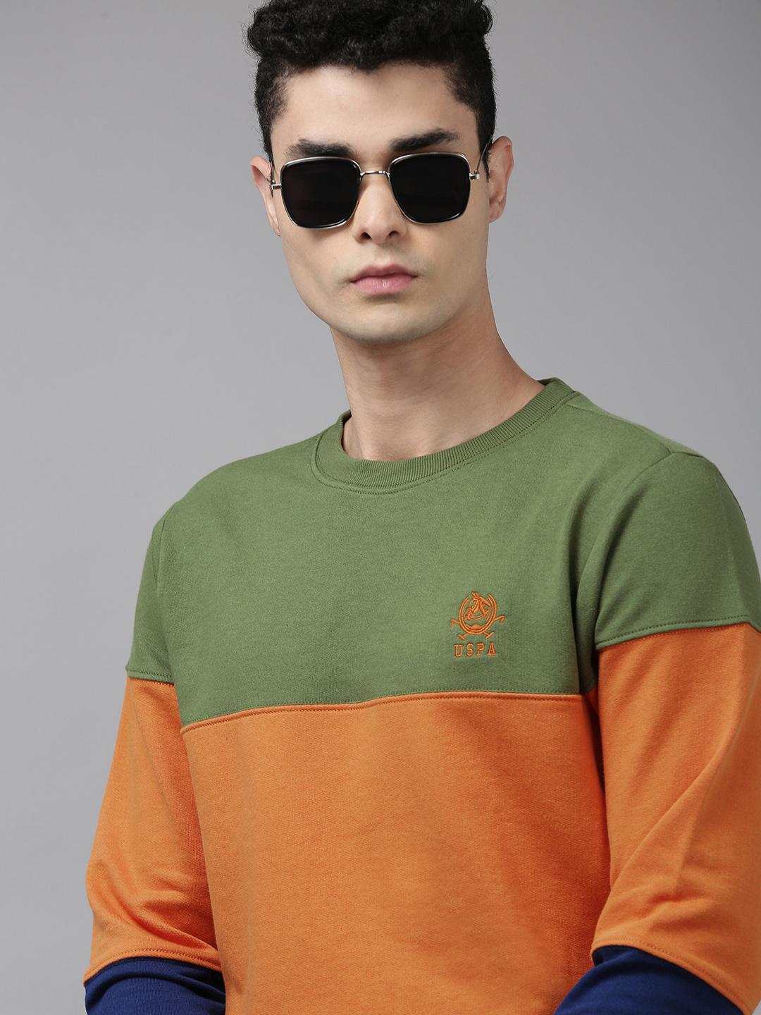 Buy U.S. Polo Assn. Men Olive Green &amp; Orange Colourblocked Sweatshirt ...