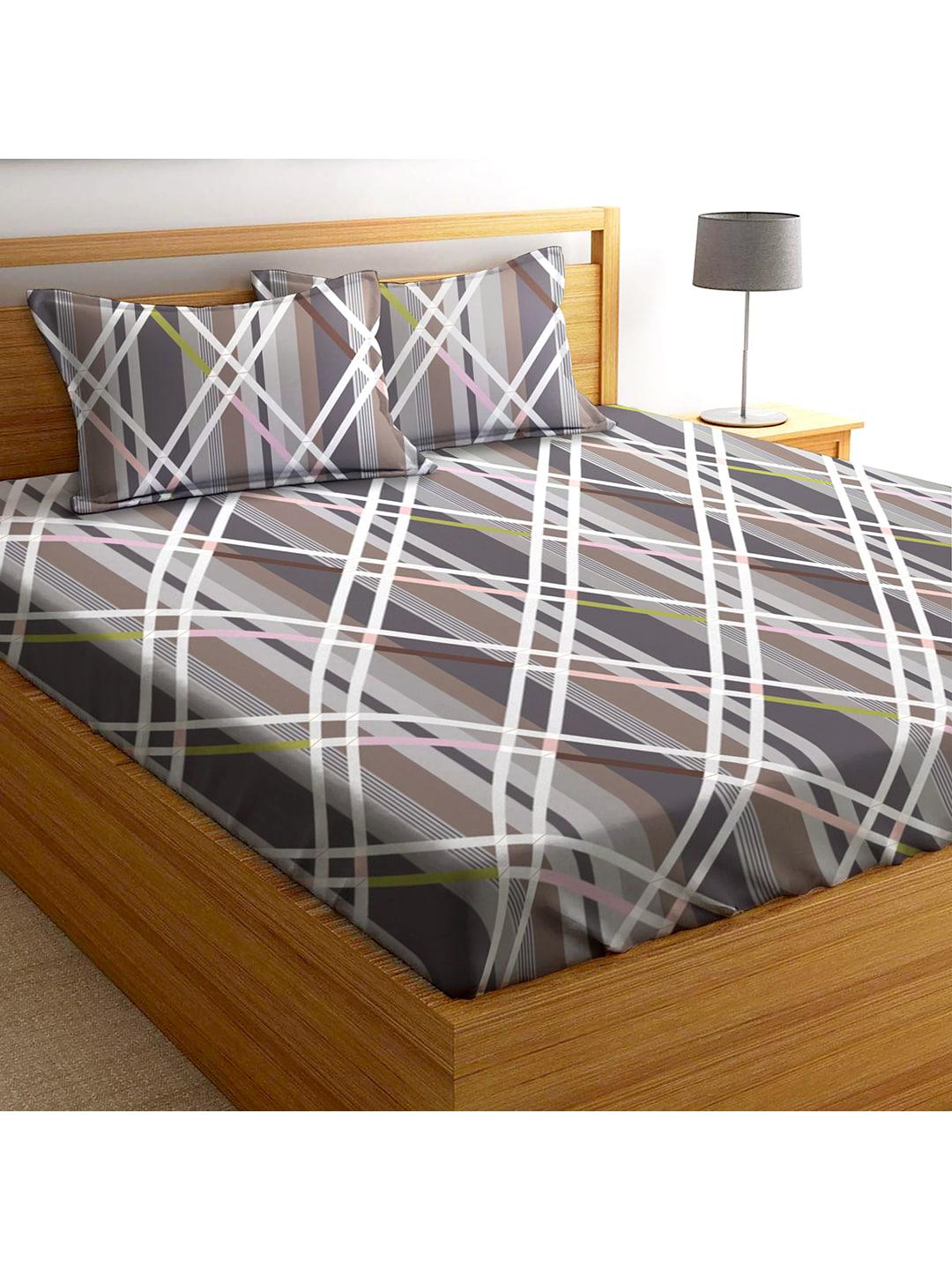 Buy AEROHAVEN Grey Checked Cotton 210 TC Fitted King Fine Bedsheet With 2 Pillow Covers 100 X 90 Inches -  - Home for Unisex