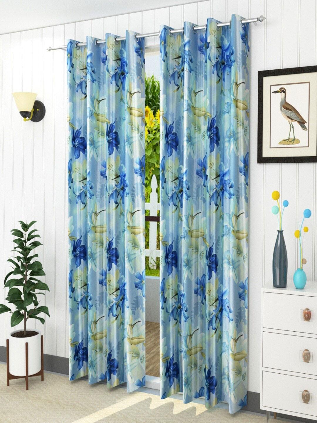 Buy Homefab India Blue & Green Set Of 2 Floral Room Darkening Long Door Curtain -  - Home for Unisex