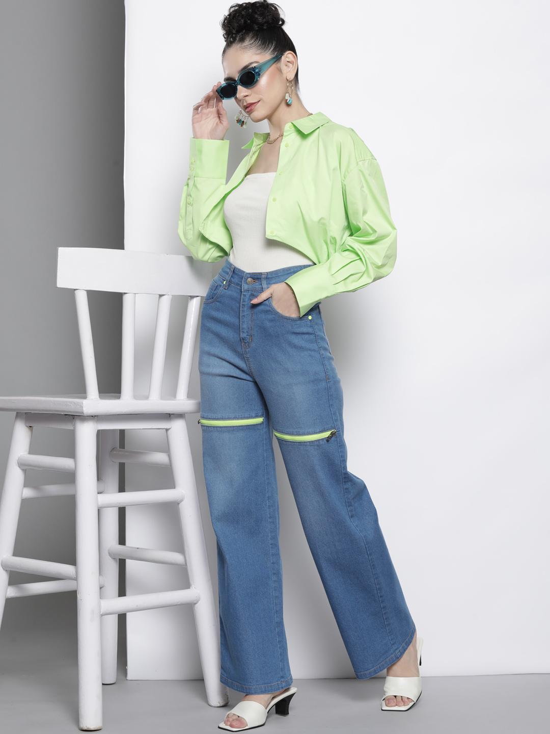 SASSAFRAS Women Blue Comfort Straight Fit High-Rise Low Distress Light Fade Stretchable Jeans