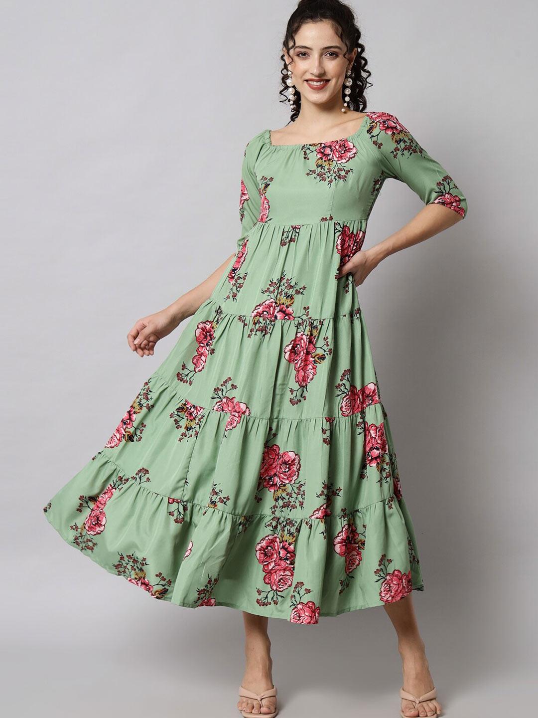 Women's Green Floral Crepe Dress