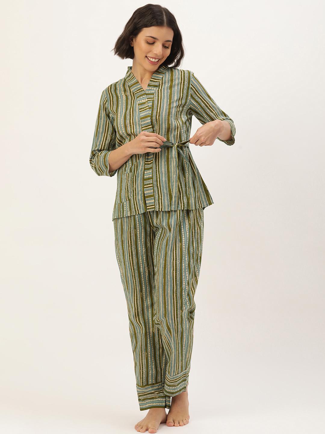 Women Green Striped Night Suit