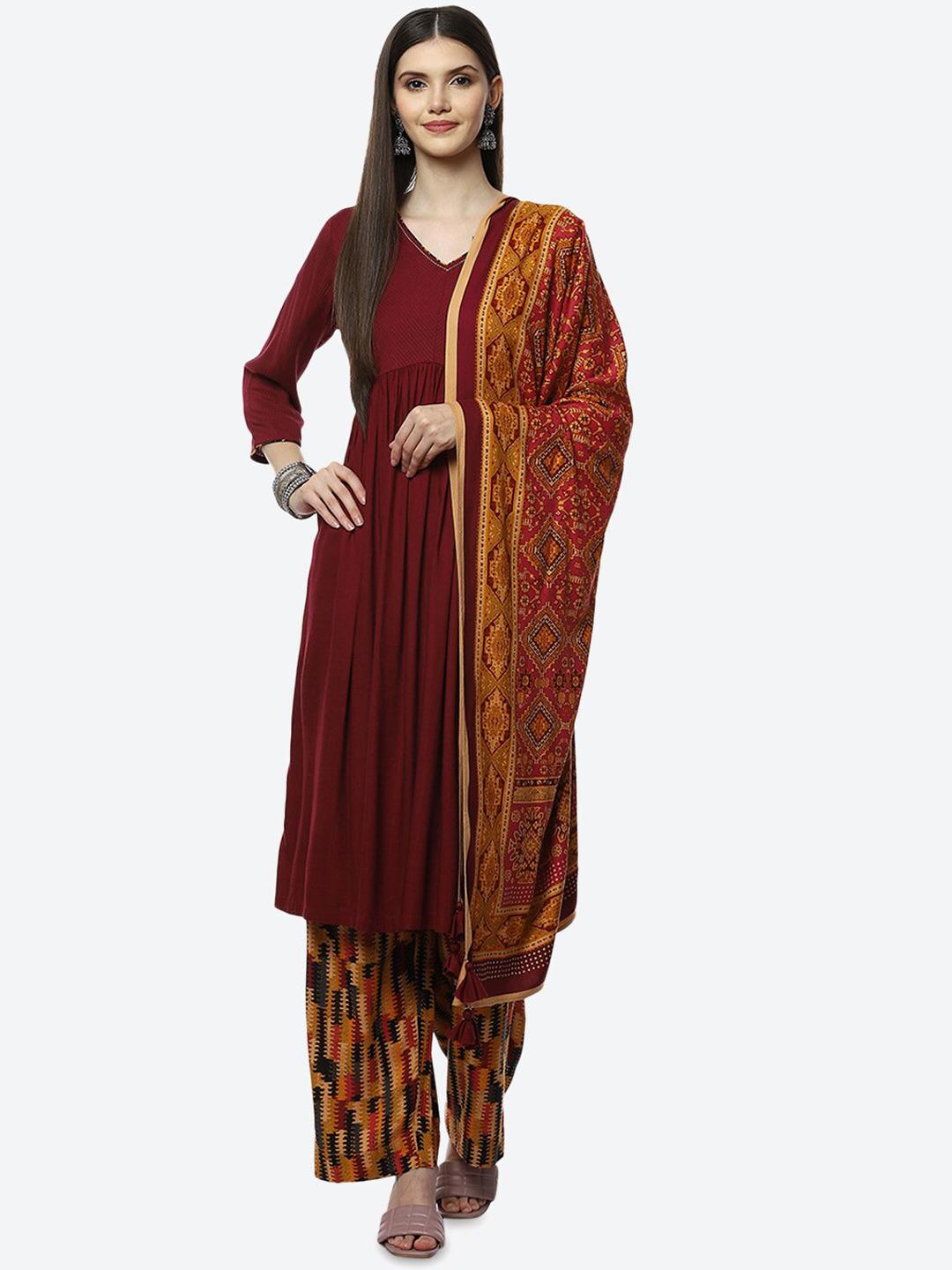 ZOYA | Women’s Maroon Tribal Print Suit Set | Contrast Dupatta Kurta Trouser Set main image 1