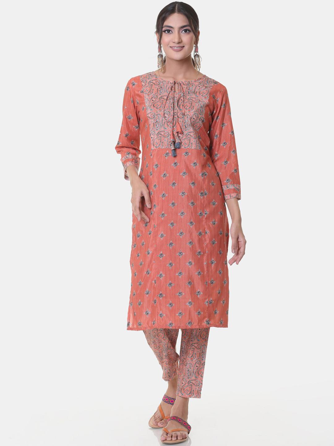Women Orange Cotton Ethnic Motifs Printed Kurta with Pant & Printed Dupatta