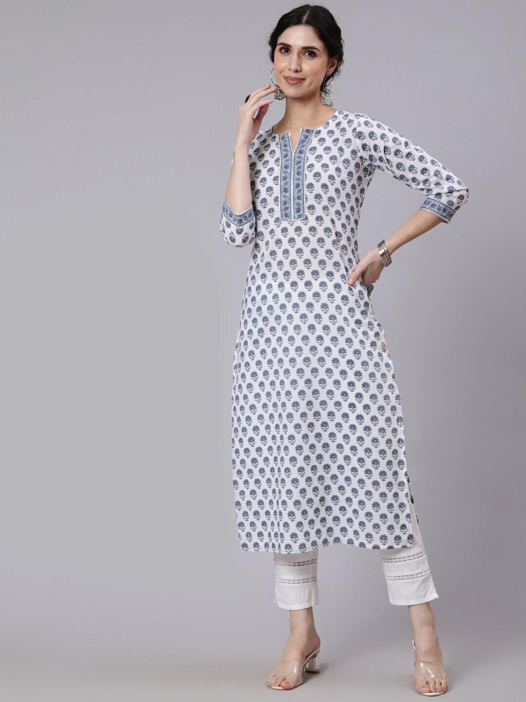 Off- White Printed Straight Kurta With Key Hole Neck & 3/4 Sleeves main image 0