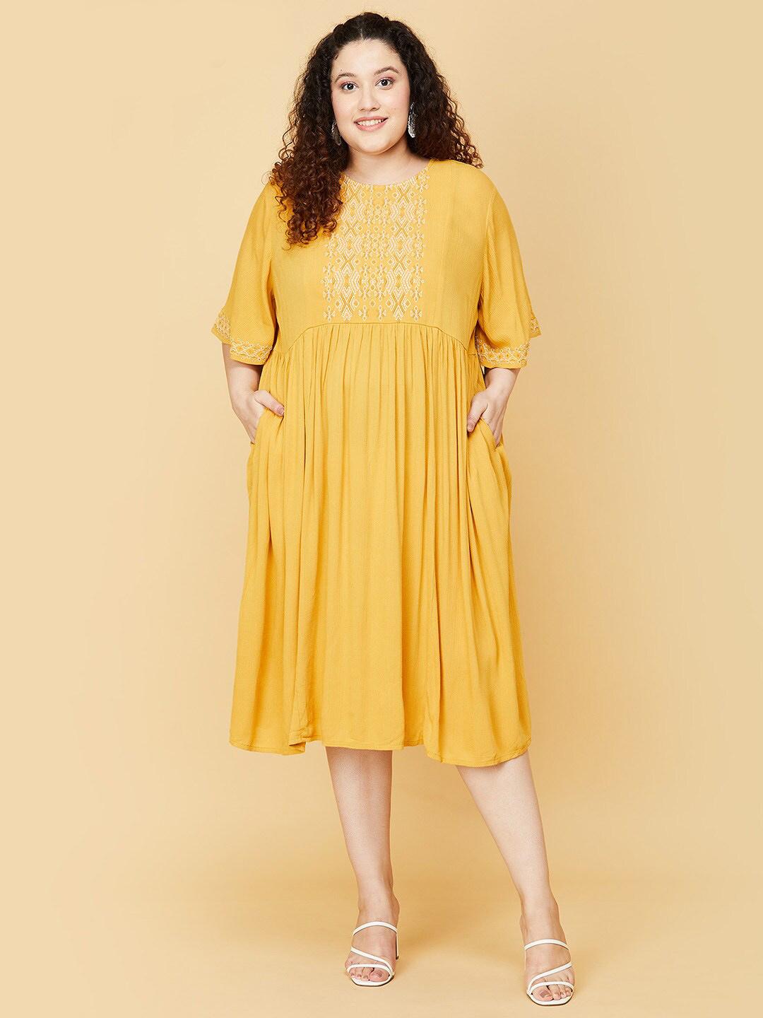 Buy Max Women Plus Size Mustard Yellow A Line Midi Dress - Dresses for ...