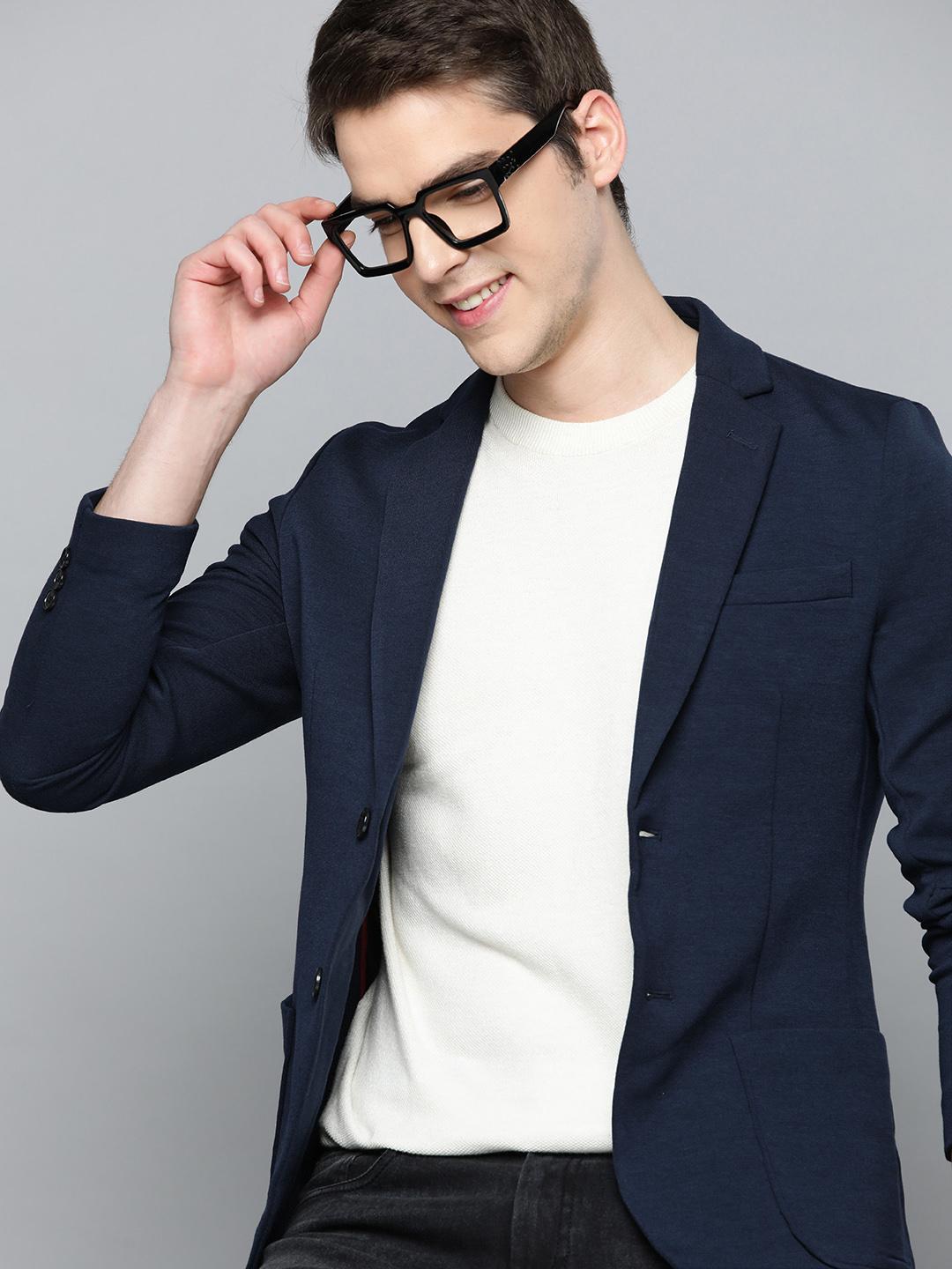 Men's Navy Blue Solid Single Breasted Blazer