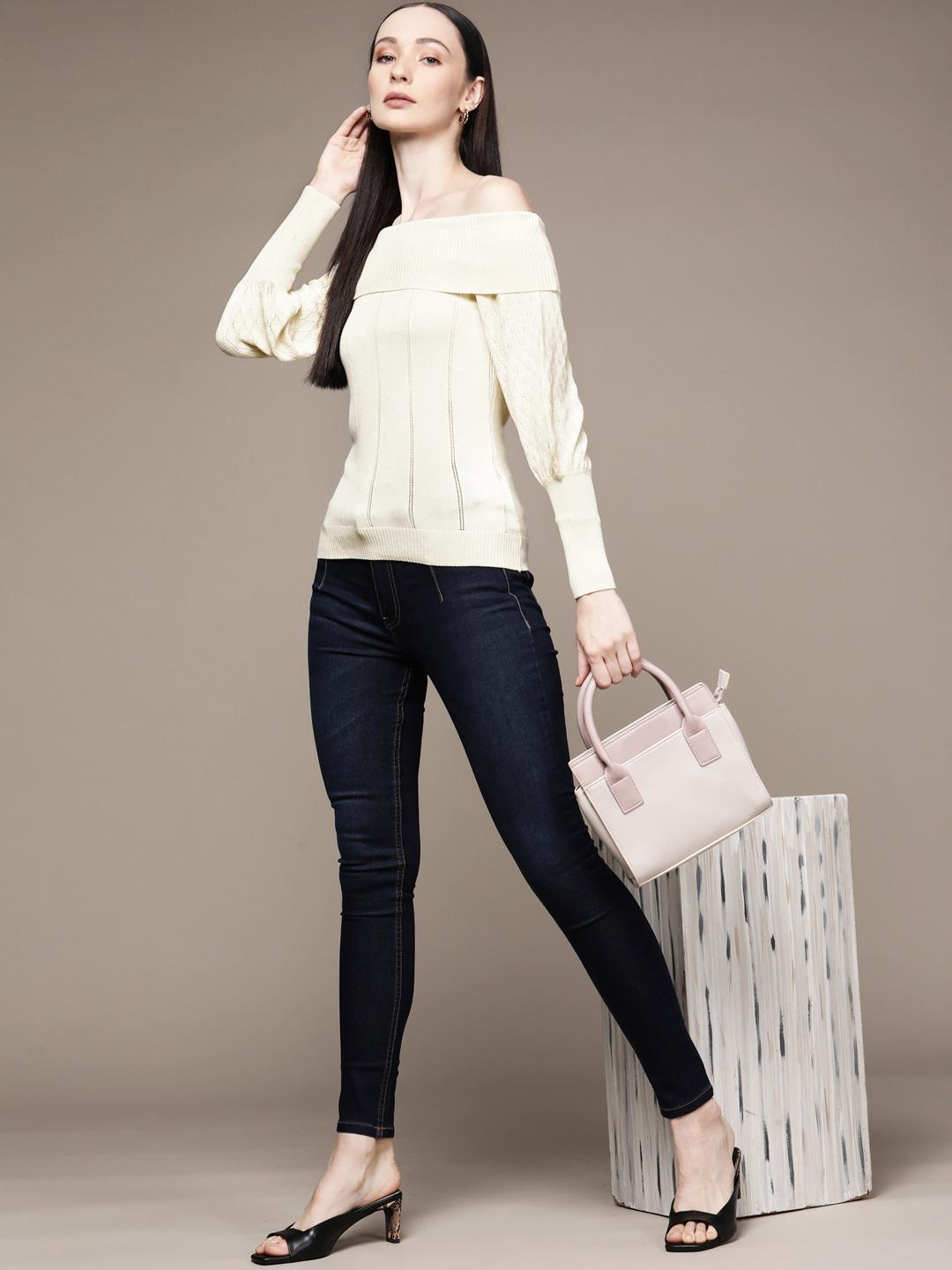 Buy Bebe Women Season Staples Egret Off Shoulder Sweater - Sweaters for ...