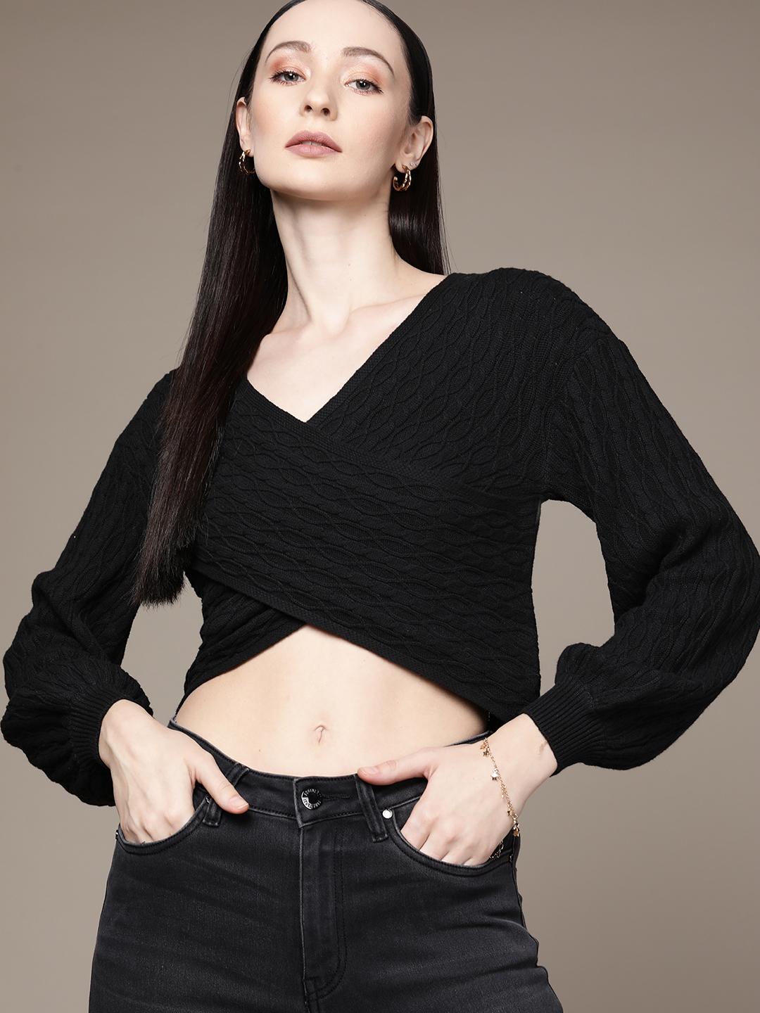 Buy Bebe Women Season Staples Jet Black Cable Knit Puff Sleeves Wrap ...