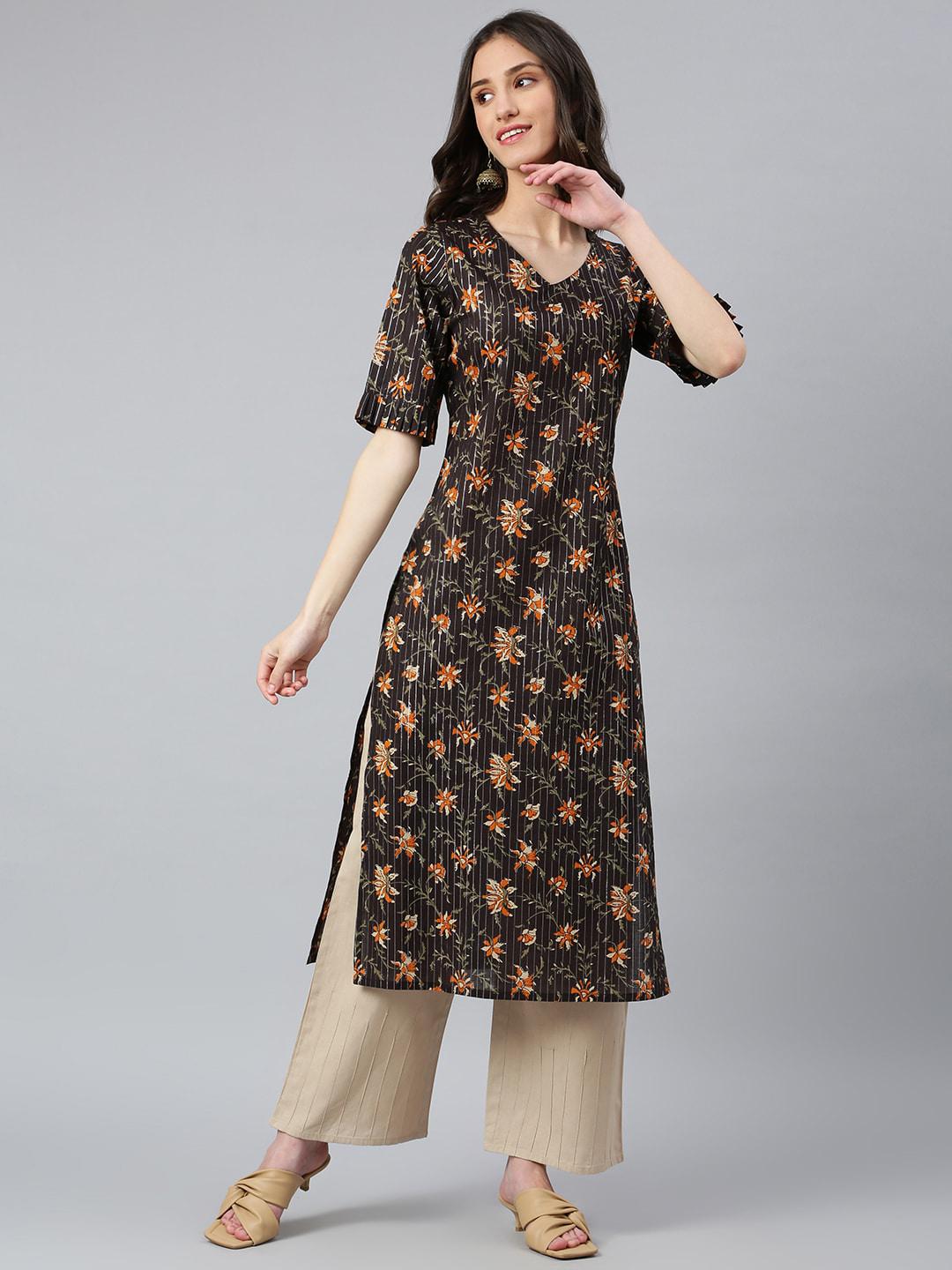 Women Black Floral Printed Flared Kurta