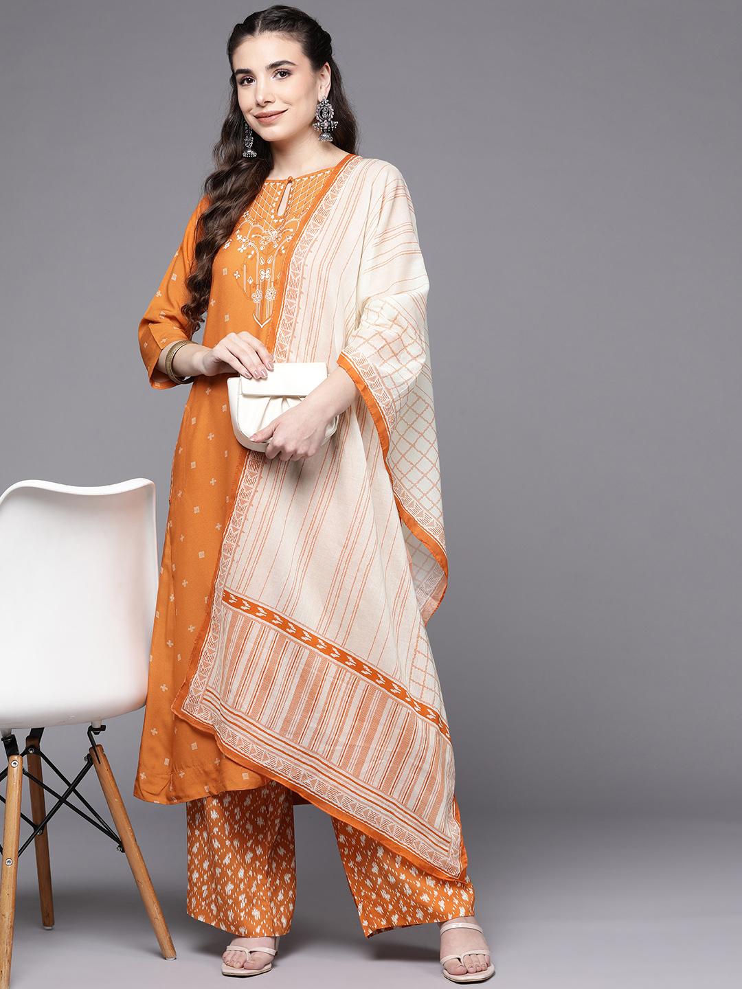 Women Orange & Off-White Striped Straight Kurta main image 1