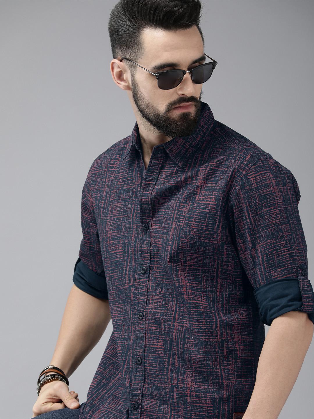 Roadster Men Navy Blue Pure Cotton Abstract Printed Casual Shirt