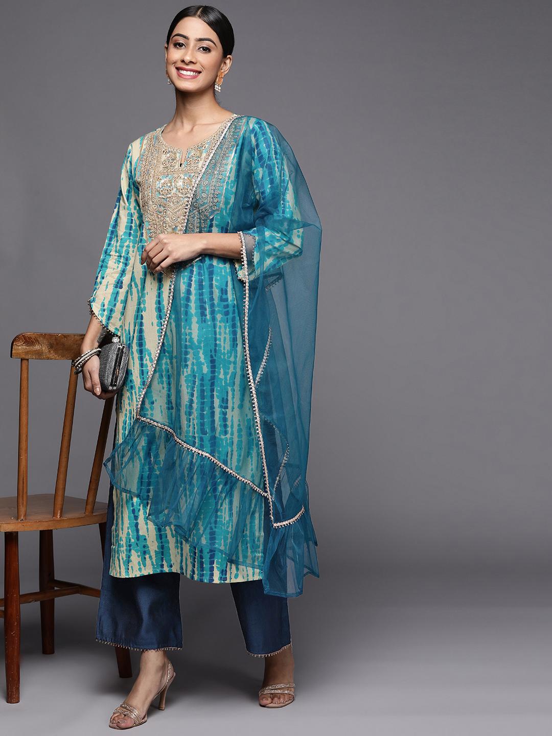Indo Era Blue Tie & Dye Straight Kurta Palazzo Set