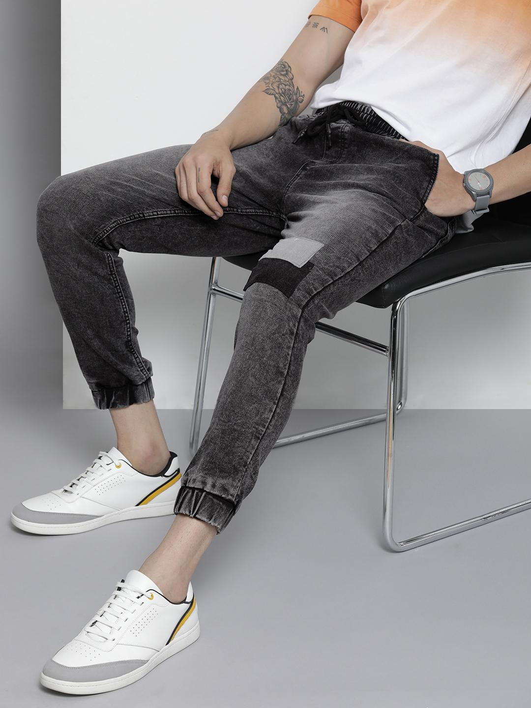 The Indian Garage Co Men Black Jean Slim Fit Heavy Fade Cuffed Hem Patch Work Jeans