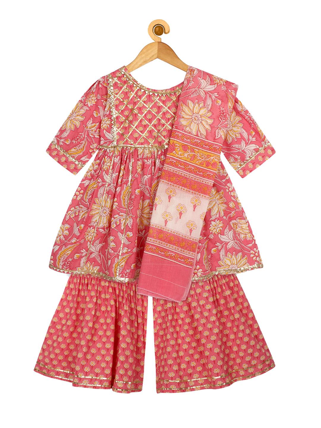 Girls Pink Floral Striped Empire Pure Cotton Kurti With Sharara