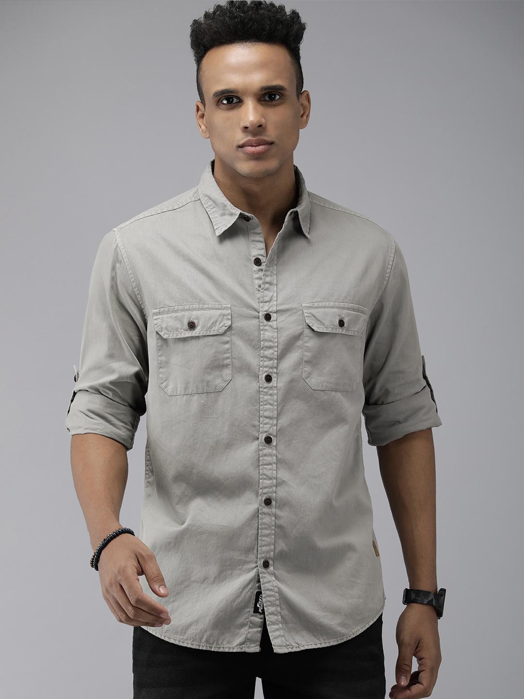 Roadster Men Grey Solid Pure Cotton Standard Casual Shirt