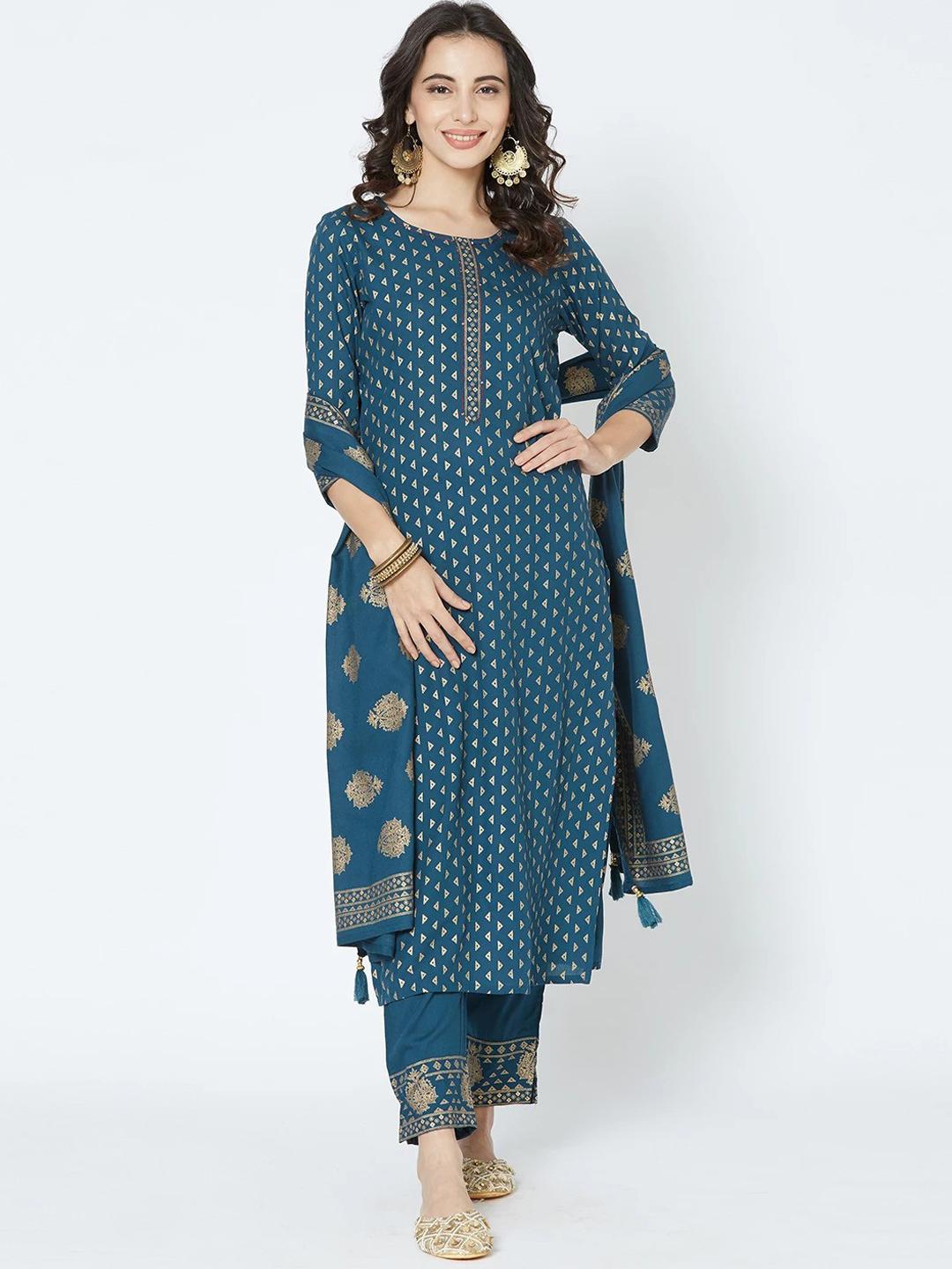 Women Navy Blue Printed Flared Kurta With Trouser And Dupatta