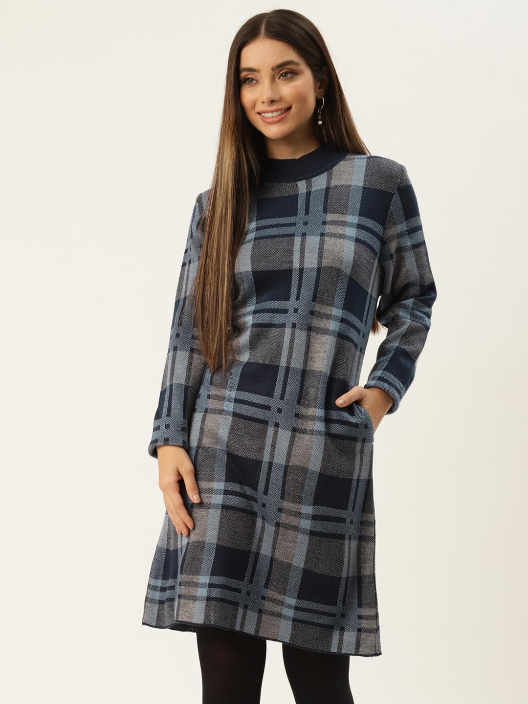 APSLEY Blue Checked A-Line Winter Dress