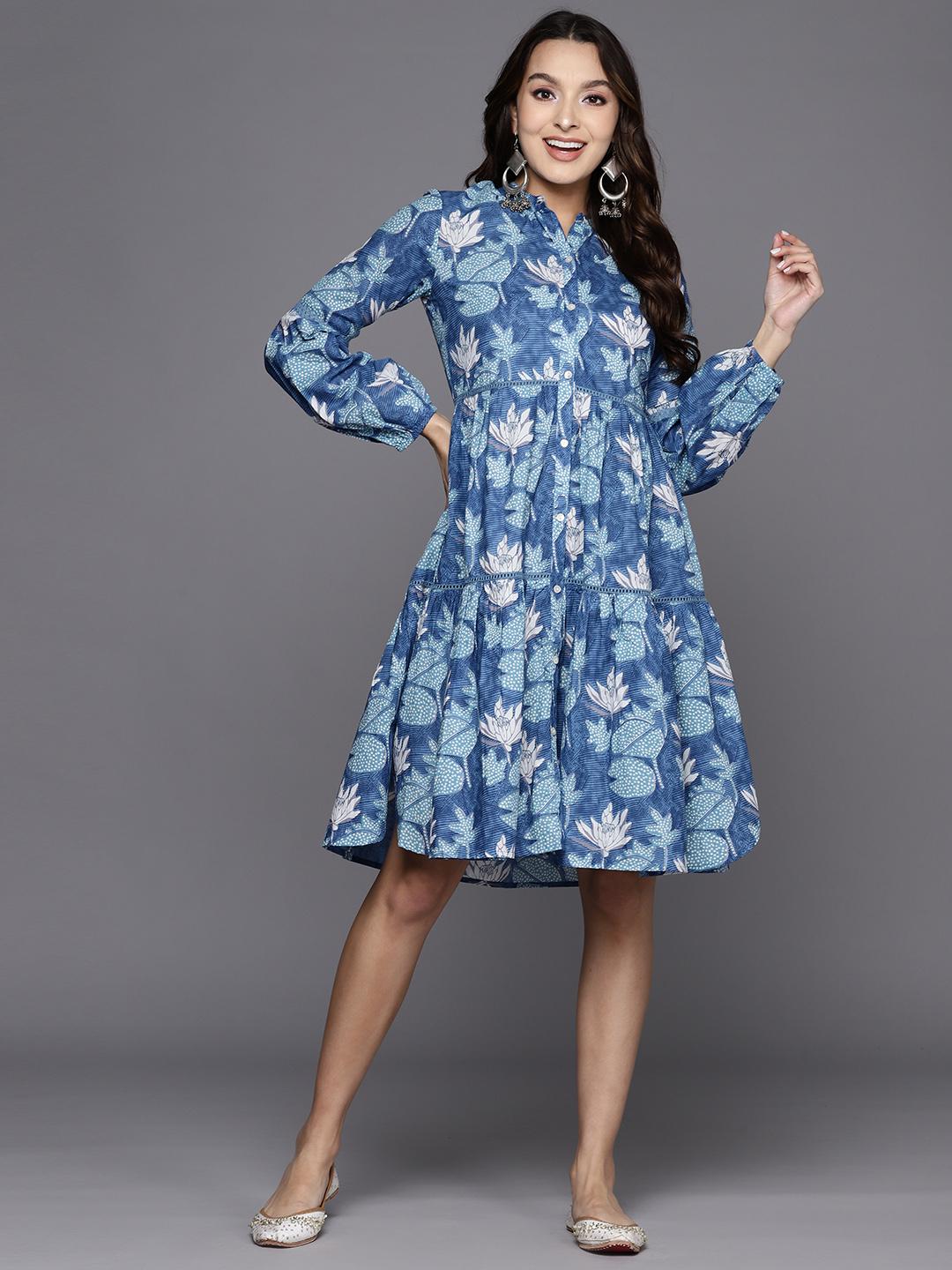 Indo Era Blue Printed A-Line Ethnic Dress