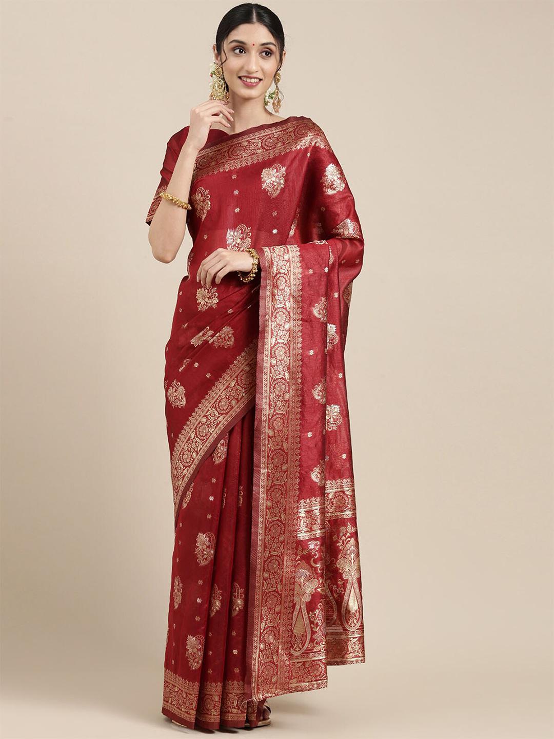 Women Maroon & Gold-Toned Brocade Silk Blend Top with Skirt