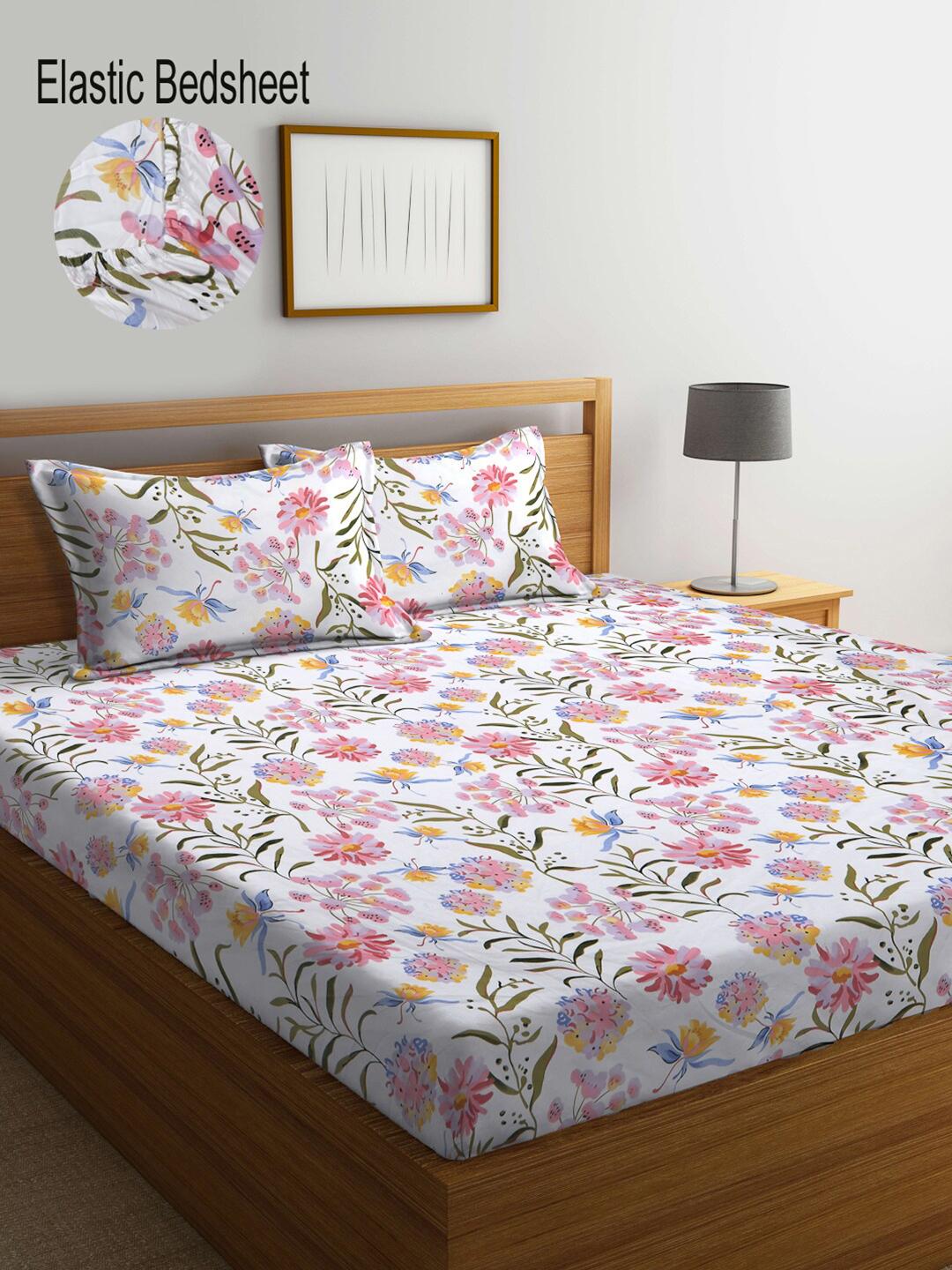Buy KLOTTHE White Floral Fitted 300 TC Super King Bedsheet With 2 Pillow Covers 270X270 Cm - - Home for Unisex