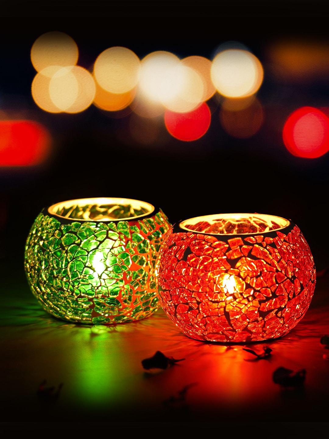 Buy Artisyn Set Of 2 Red & Green Mosiac Glass Decorative Tea Light Holder Showpieces -  - Home for Unisex