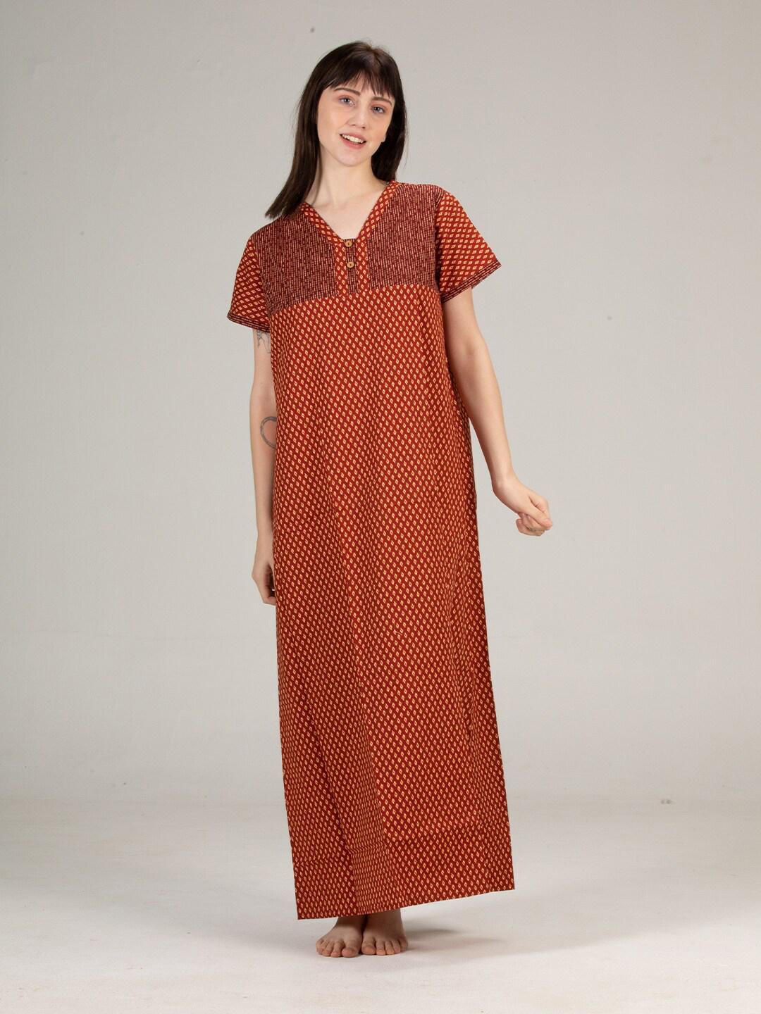 Brown Printed Cotton Night Dress