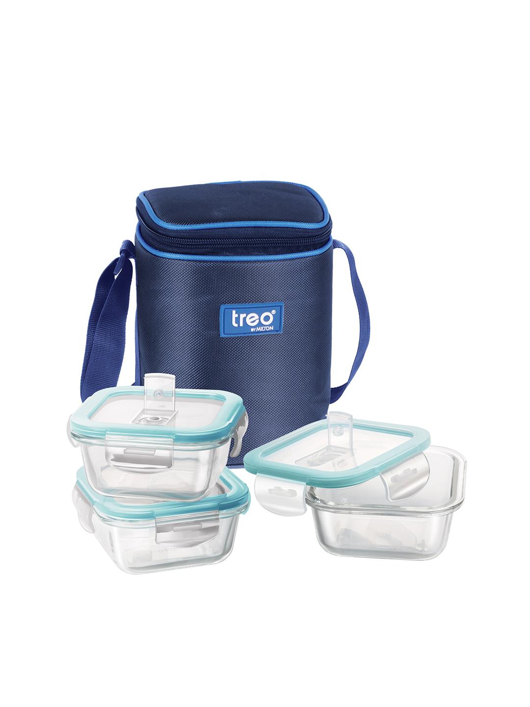 Buy Treo Set Of 3 Transparent & Blue All Fresh Square Glass Tiffin Containers 320 Ml Each - - Home for Unisex