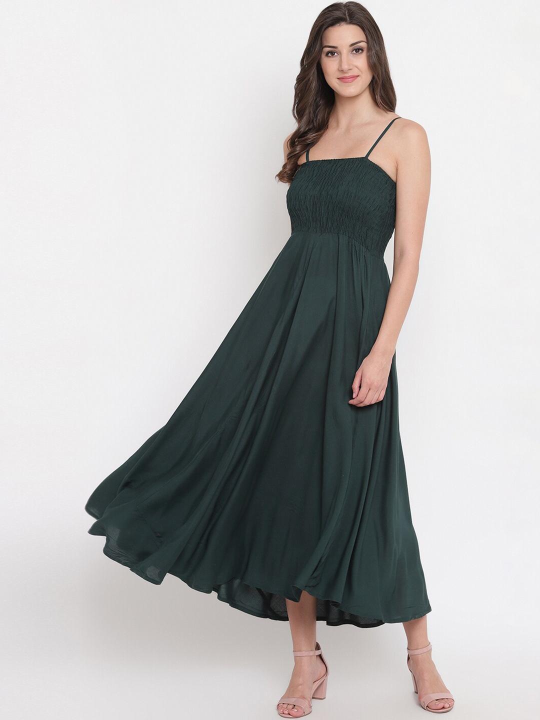 Women Sage Green Solid Solid V-Neck Viscose Rayon Maxi Dress