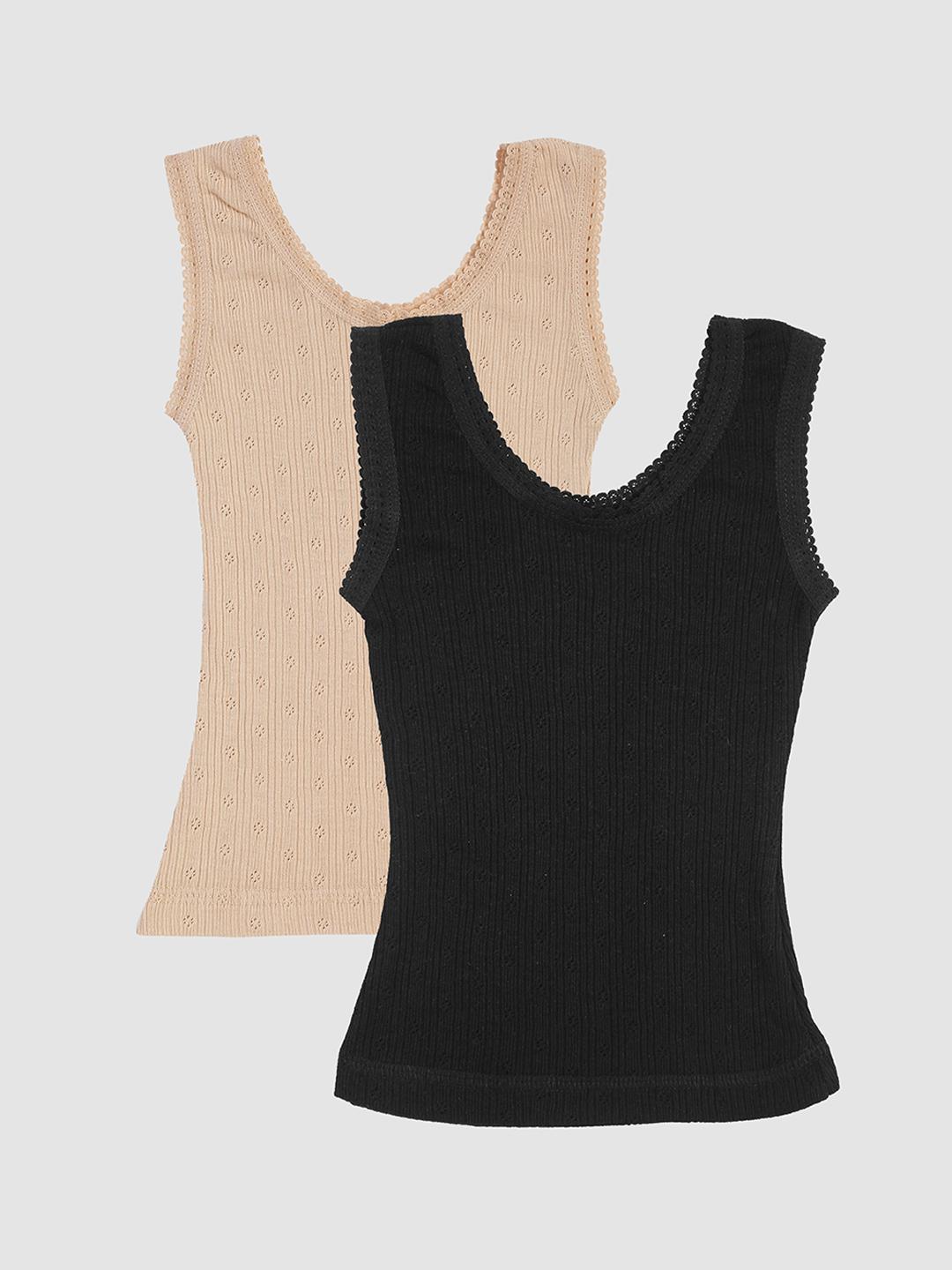 Kanvin Girls Pack Of 2 Beige & black Ribbed Cotton Thermal Tops