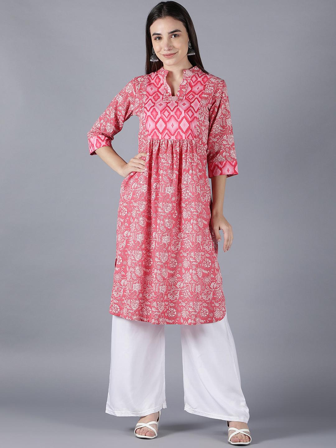 Women Floral printed red round_neck Kurta set With trouser
